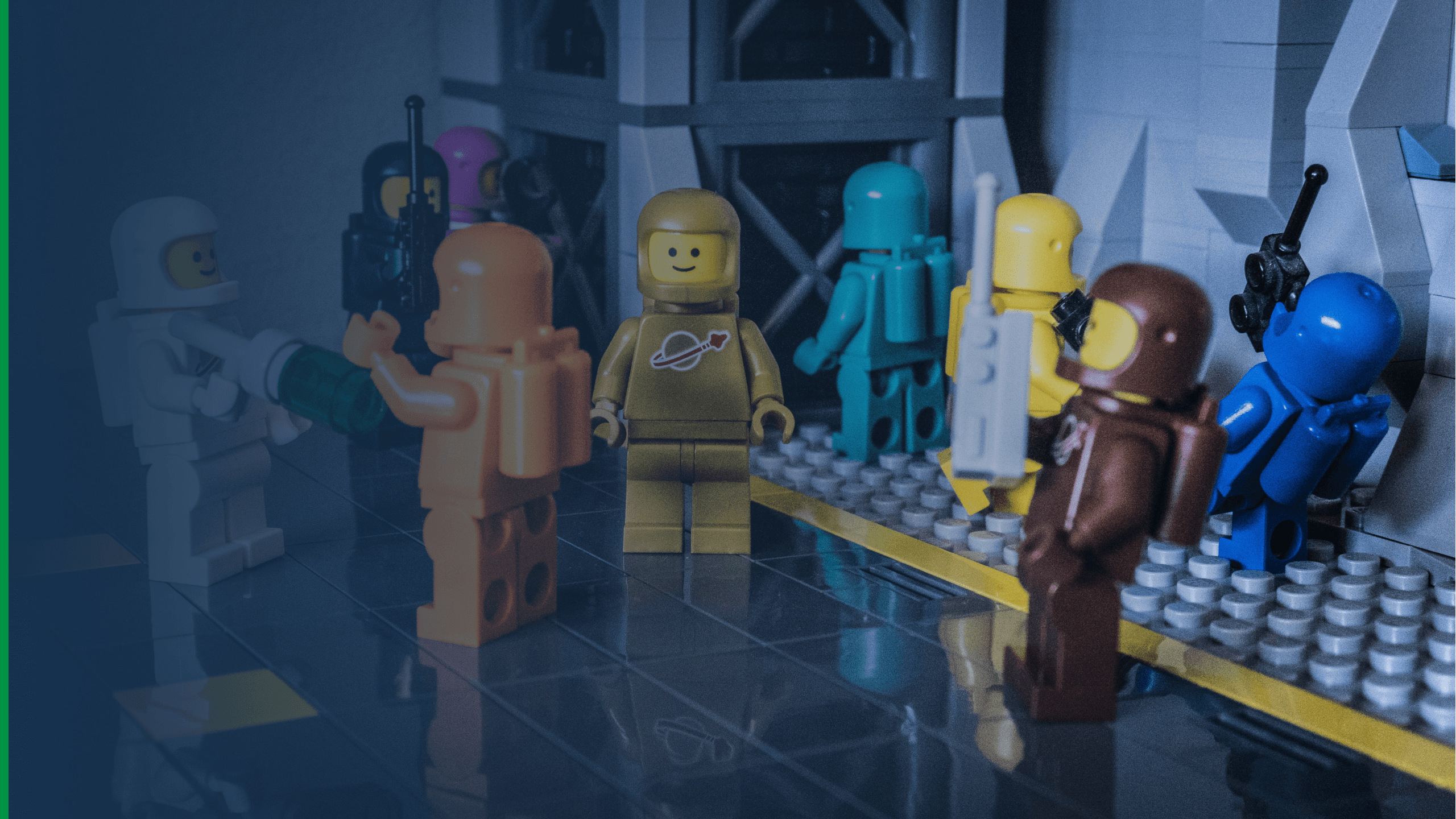 Classic Space minifigures in a custom-built hangar